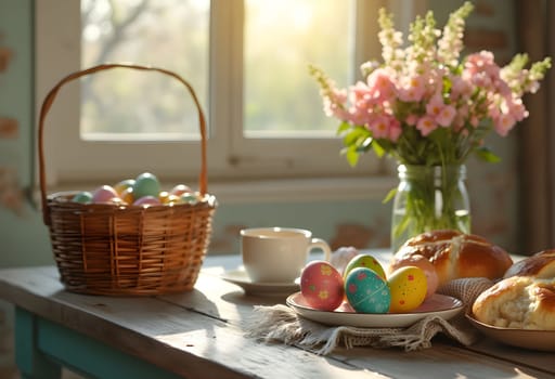 A cozy Easter morning scene with a rustic wooden table, featuring a basket of decorated eggs, hot cross buns, and fresh spring flowers, all illuminated by warm sunlight.