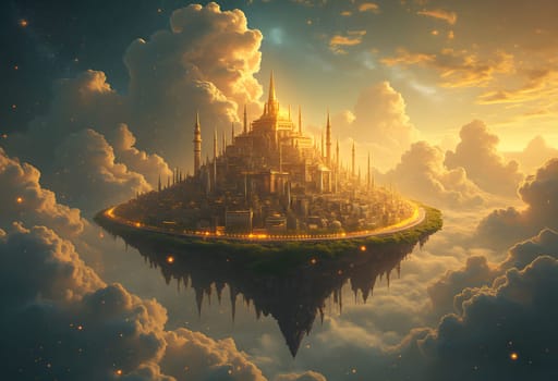 A radiant city rests on floating islands, surrounded by swirling golden clouds and twinkling stars, creating a magical sky scene.