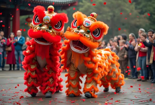 A lively lion dance performance in front of a temple, with colorful costumes, red confetti, and an excited audience cheering.