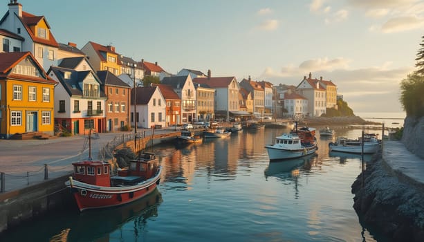 A picturesque coastal town featuring colorful buildings, fishing boats, and a serene sunset over calm waters.