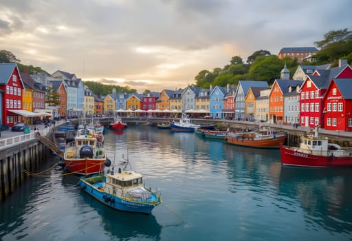 A quaint coastal town with vibrant buildings, fishing boats, and a tranquil sunset, creating a serene waterfront view.
