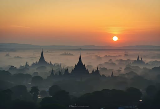 The first rays of morning sunlight pierce through a vast sea of clouds, illuminating the ancient temples of Bagan, Myanmar.
