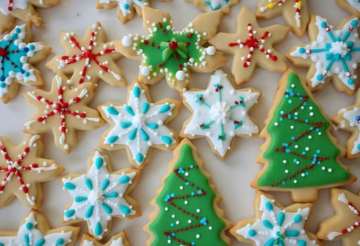 A close-up view of Christmas cookies shaped like stars, snowflakes, and trees, beautifully decorated with colorful icing for the holiday season.