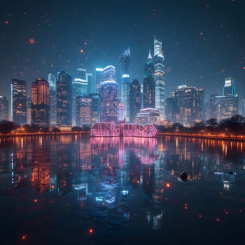 A futuristic skyline illuminated by holographic "New Year" projections, blending modern technology and celebration in a vibrant, glowing city.