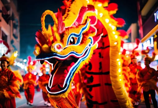A lively dragon dance parade with performers in colorful costumes, cheering crowds, and dazzling fireworks illuminating the night sky.
