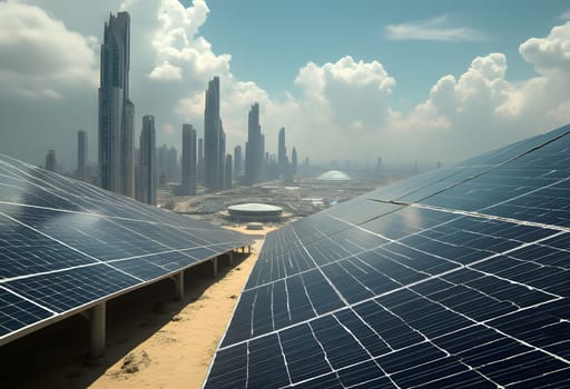 A visionary futuristic city powered by solar energy, featuring massive solar panels absorbing sunlight, promoting sustainability and green technology.
