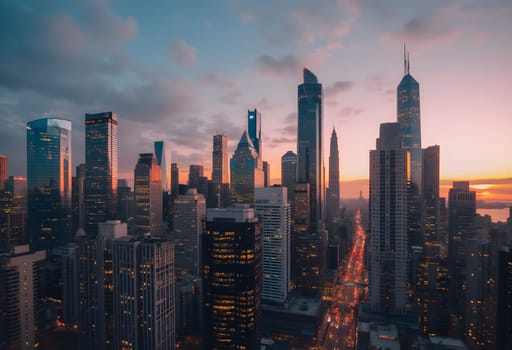 A breathtaking city skyline at dusk, skyscrapers glowing in golden sunset hues while twinkling lights gradually illuminate the urban landscape.