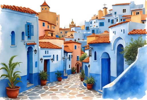 A watercolor painting of Chefchaouen’s iconic blue-painted buildings and narrow winding streets, capturing the vibrant charm of Morocco.