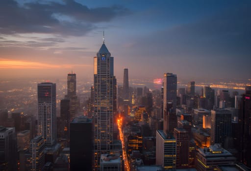 A breathtaking city skyline at dusk, skyscrapers glowing in golden sunset hues while twinkling lights gradually illuminate the urban landscape.