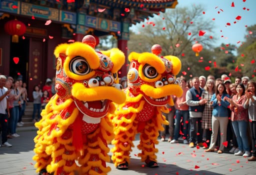 A lively lion dance performance in front of a temple, with colorful costumes, red confetti, and an excited audience cheering.