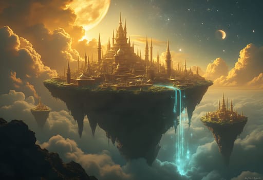 A radiant city rests on floating islands, surrounded by swirling golden clouds and twinkling stars, creating a magical sky scene.