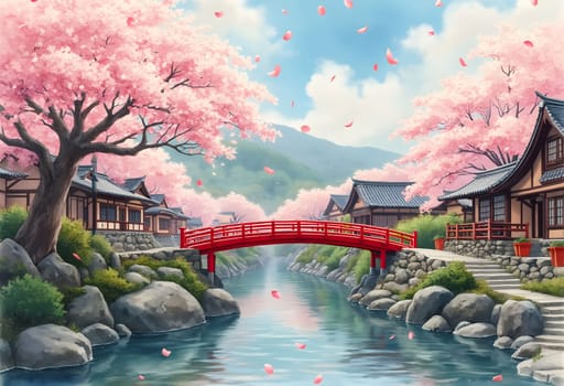 A soft watercolor scene of a Japanese onsen village in spring, with cherry blossoms in bloom and a red bridge over a river.