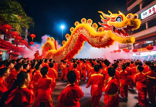 A lively dragon dance parade with performers in colorful costumes, cheering crowds, and dazzling fireworks illuminating the night sky.