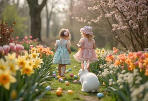 A beautifully arranged Easter egg hunt in a blooming garden, where pastel-clad children search for hidden eggs among tulips and daffodils, with a white rabbit nearby.