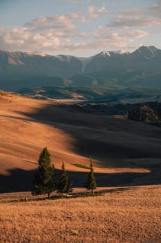 A breathtaking sunset over a rugged mountain landscape, casting warm golden light across hills, trees, and rocky terrain. Altai Mountains