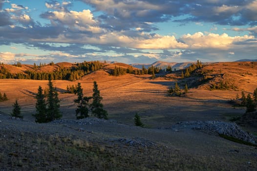 A breathtaking sunset over a rugged mountain landscape, casting warm golden light across hills, trees, and rocky terrain. Altai Mountains