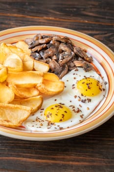 A hearty breakfast dish with crisp dippers, runny eggs, and sauteed mushrooms