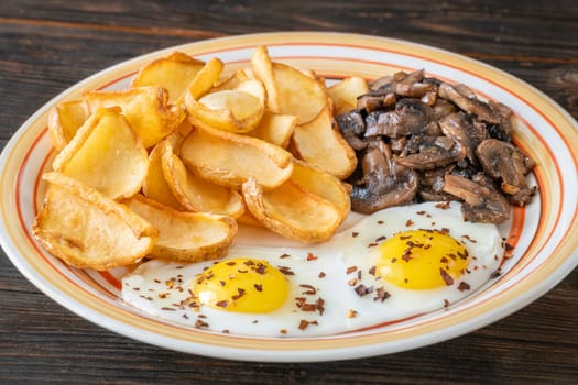 A hearty breakfast dish with crisp dippers, runny eggs, and sauteed mushrooms