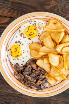 A hearty breakfast dish with crisp dippers, runny eggs, and sauteed mushrooms
