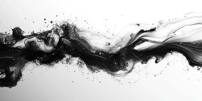High contrast abstract background features flowing lines and ink splashes in monochrome black and white.