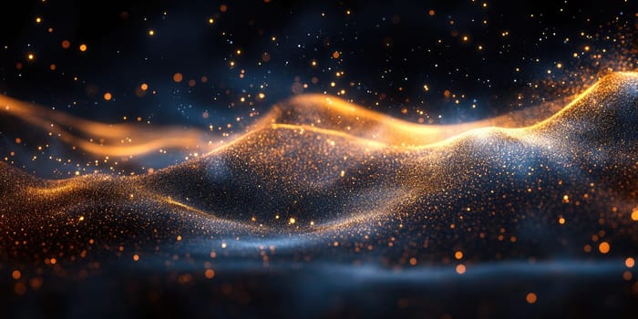 Soft lines flow across a dark canvas, illuminated by scattered golden dust particles. This abstract composition exudes luxury and sophistication, perfect for a minimalist aesthetic.