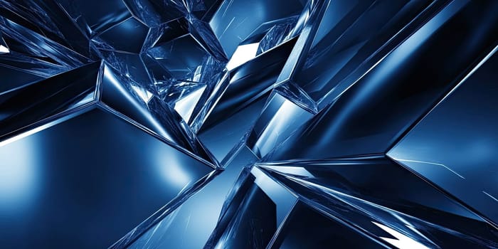 An abstract composition featuring a hexagonal pattern with smooth gradients in dark blue tones. The design includes metallic reflections and dynamic lighting for a modern and professional appearance.