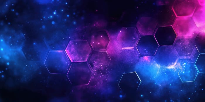 This abstract background features a striking hexagonal pattern combined with a soft watercolor texture. The vibrant blue and purple hues blend seamlessly, creating a fluid and modern aesthetic.