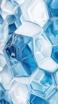 Hexagonal shapes create an intricate pattern resembling crystals, showcasing a cold blue and white color palette. The detailed texture presents a frozen aesthetic with smooth reflections.