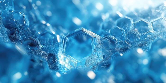 A detailed abstract background showcases a hexagonal pattern with crystal ice texture. Cold blue and white tones create a frozen aesthetic, highlighting smooth reflections and a futuristic style.