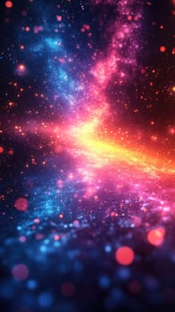 Colorful abstract lines filled with glowing elements create a sleek design on a deep black background. This captivating fusion of neon lights radiates vibrant energy in a futuristic setting.