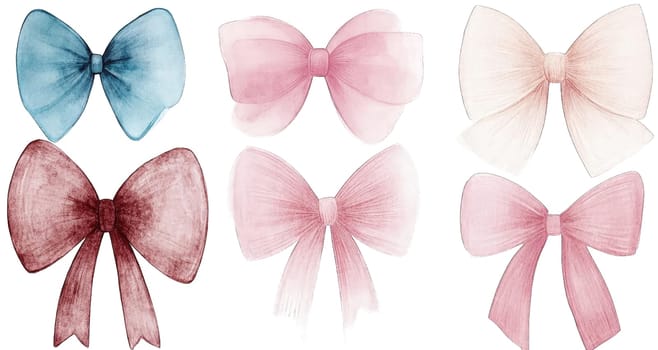 This collection features six watercolor bows in shades of blue, pink, and cream. Ideal for crafting, graphic design, and decorating projects, these artistic elements add charm and elegance.