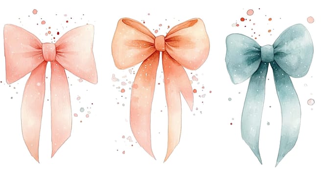 Three elegant bows in soft pastel colors display graceful ribbons flowing downward. These decorative elements feature shades of peach and blue, perfect for artistic projects or festive occasions.