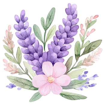 A delicate floral arrangement showcases vibrant lavender and soft pink flowers among lush green leaves. The watercolor style emphasizes the gentle beauty of nature, perfect for decoration.