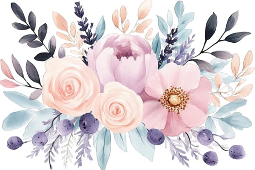 A stunning floral composition showcases pink peonies, cream roses, and purple berries. The arrangement includes delicate green leaves and lavender, creating a harmonious nature-inspired design.