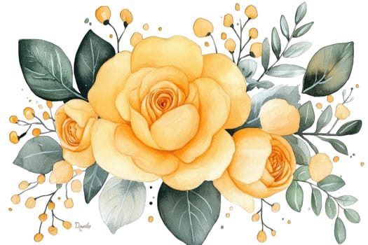 Beautiful yellow roses bloom among greenery and delicate yellow buds, showcasing a fresh floral arrangement. Ideal for celebrations, home decor, or gifting, this design brings warmth and joy.