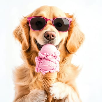 A golden retriever wearing stylish sunglasses holds a cone of pink ice cream. The dog looks directly at the camera, exuding a serious demeanor against a minimalist white background.