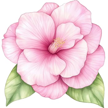A vibrant pink camellia flower showcases intricate layers of soft petals, complemented by lush green leaves. The illustration highlights the bloom's natural beauty and elegance.