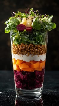 A deconstructed layered salad showcases colorful strata of beet, lentils, baby spinach, and yogurt foam. Set against a reflective surface, the gentle lighting highlights its artistic presentation.