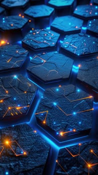 A high-tech background features a hexagonal pattern illuminated by glowing blue neon lines. Dark contrast enhances sharp details, creating a modern and minimalistic cyber aesthetic.