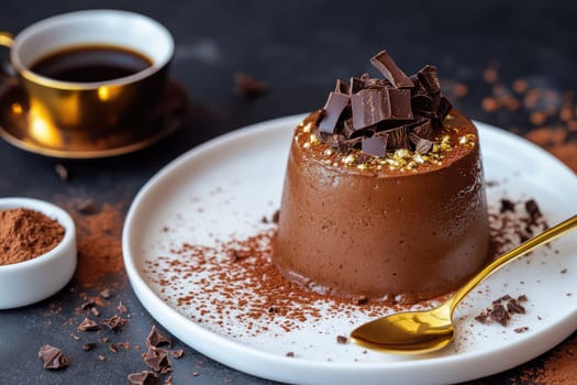 This dessert features a perfectly smooth dark chocolate mousse with a glossy mirror glaze, topped with chocolate shavings, set on a white plate alongside espresso and cocoa powder.
