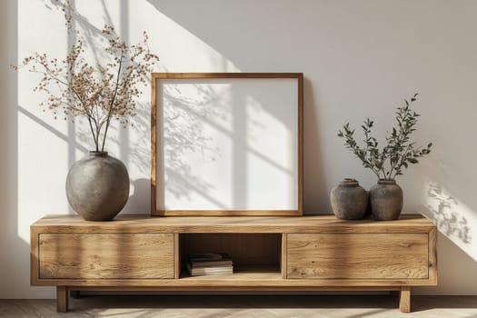 A blank white poster rests in a wooden frame on a light wood sideboard. Ceramic vases and a small sculpture decorate the space, highlighted by soft lighting and a minimalistic composition.