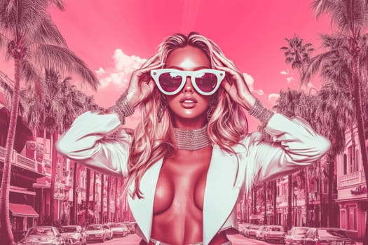 A glamorous blonde in stylish white sunglasses gracefully adjusts her eyewear amidst a backdrop of vintage travel posters and palm-lined streets, capturing a timeless and chic aesthetic.