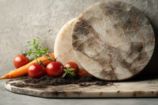 Local farm products are artfully arranged on a textured stone surface. Heirloom tomatoes and rainbow carrots are complemented by rustic herbs, evoking farm-to-table freshness with earthy tones.
