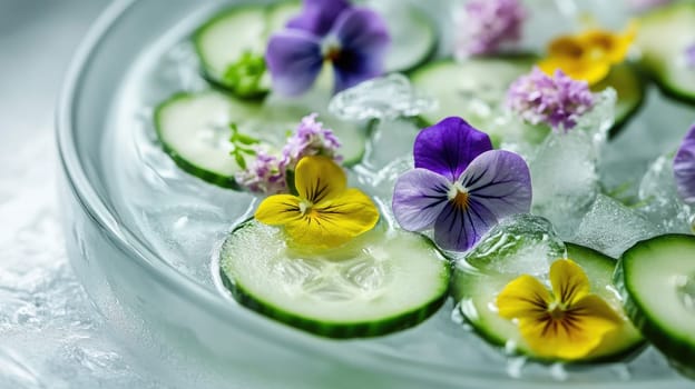 Delicate edible flowers float atop cucumber ribbons, arranged over ice cubes in a translucent plate, creating a refreshing and elegant dish ideal for upscale gatherings or culinary displays.