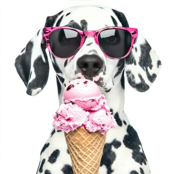 A Dalmatian with striking black spots wears pink sunglasses while holding a cone of pink ice cream. The dog looks directly at the camera with a confident expression against a simple white background.