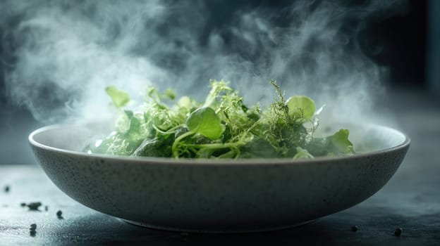 A futuristic bowl filled with a vibrant mix of next-gen greens and seaweed emits a gentle mist. Soft side lighting enhances the experimental fine dining experience, highlighting the molecular garnish.