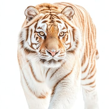 A majestic tiger stands tall and proud, gazing to the side with a serious expression. The composition is minimalistic, emphasizing the regal appearance against a stark white backdrop.