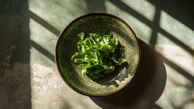 Leafy greens rest in a ceramic dish with a crackled glaze. Sunlight streams through a windowpane, casting intricate shadows on the surface. This evokes a quiet, slow food moment.