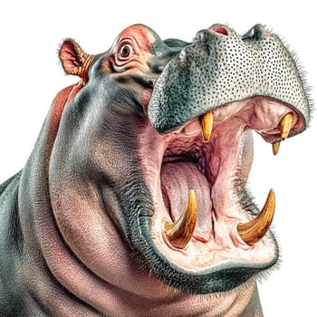 A massive hippopotamus showcases an aggressive expression with its mouth wide open, revealing sharp teeth.