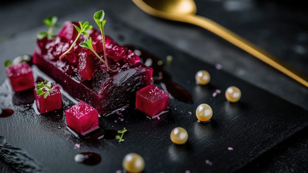 Close focus on a luxurious arrangement of fermented plum and beetroot cubes paired with kombucha pearls. Styled on a black slate plate with a single elegant gold spoon, creating a refined atmosphere.